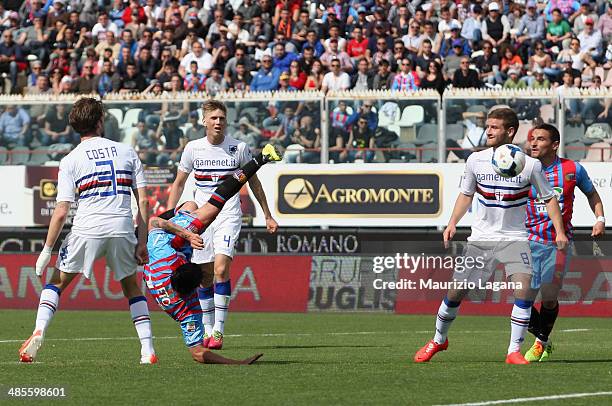 Sebastin Leto of Catania scores his team's opening goal during the Serie A match between Calcio Catania and UC Sampdoria at Stadio Angelo Massimino...