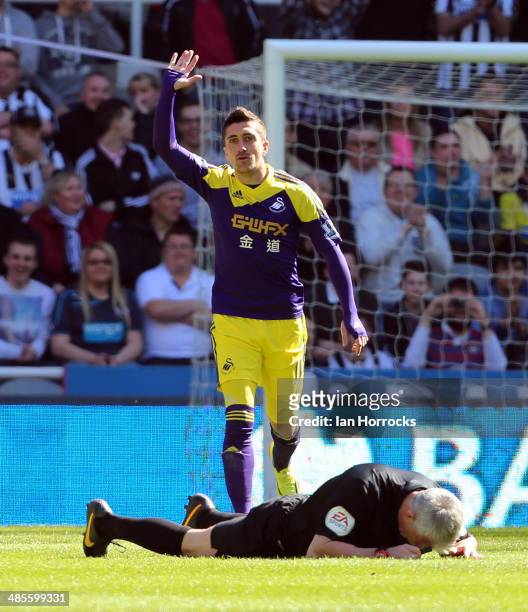 Pablo Hernandez of Swansea City asks for help for referee Chris Foy after the official was hit in the face by the ball during the Barclays Premier...