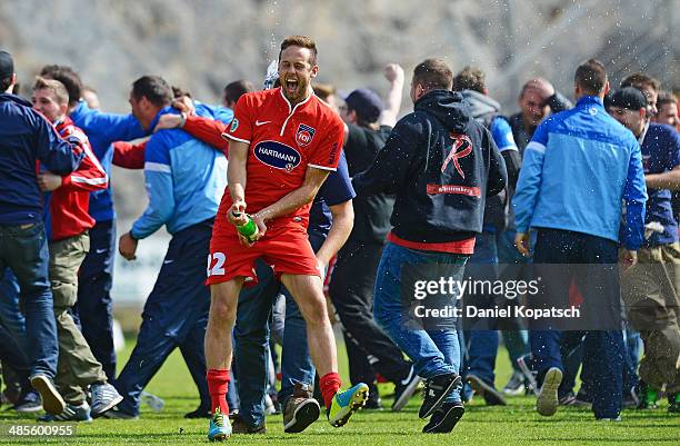 Marc Endres of Heidenheim celebrates after the third Bundesiga match between SV Elversberg and 1. FC Heidenheim on April 19, 2014 in Neunkirchen,...