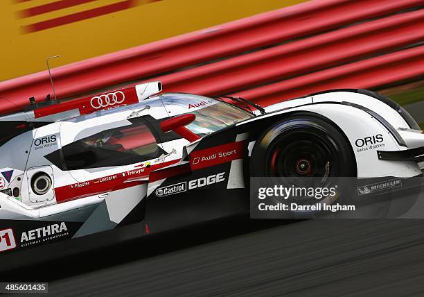 Benoit Treluyer of France drives the Audi Sport Team Joest Audi R18 e-tron quattro LMP1 during practice for the FIA World Endurance Championship 6...