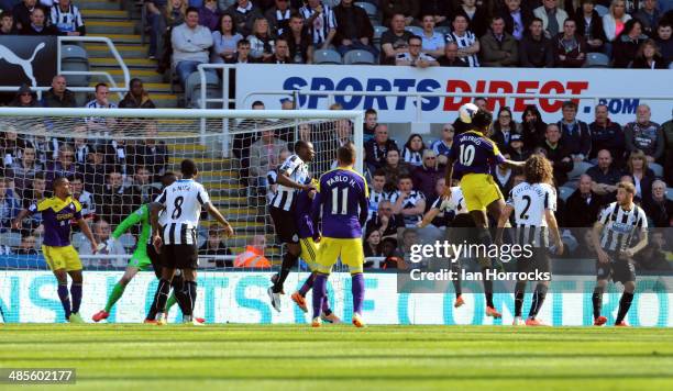 Wilfried Bony scores the first Swansea goal during the Barclays Premier League match between Newcastle United and Swansea City at St James' Park on...