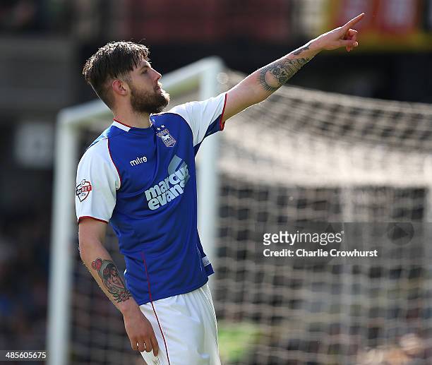 Anthony Wordsworth of Ipswich celebrates after he scores his team's first goal during the Sky Bet Championship match between Watford and Ipswich Town...
