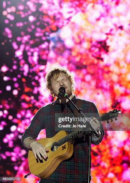 Ed Sheeran performs on stage at Fusion Festival at Cofton Park on August 28, 2015 in Birmingham, England.