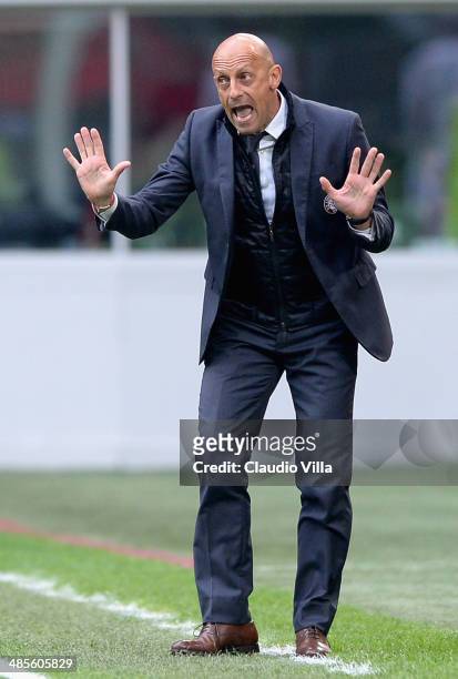 Head coach AS Livorno Calcio Domenico Di Carlo reacts during the Serie A match between AC Milan and AS Livorno Calcio at San Siro Stadium on April...