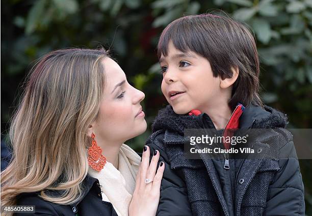 Caroline Celico and Luca Kaka attend the Serie A match between AC Milan and AS Livorno Calcio at San Siro Stadium on April 19, 2014 in Milan, Italy.