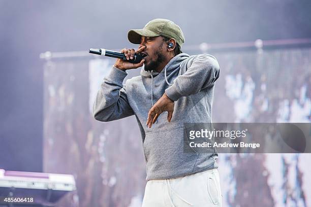 Kendrick Lamar performs on the main stage at Leeds Festival at Bramham Park on August 28, 2015 in Leeds, England.