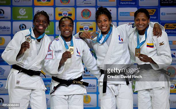 Under 70kg medallists L-R: Silver; Maria Bernabeu ESP, Gold; Gevrise Emane FRA, Bronzes; Fanny Posvite FRA and Yuri Alvear COL during the 2015 Astana...