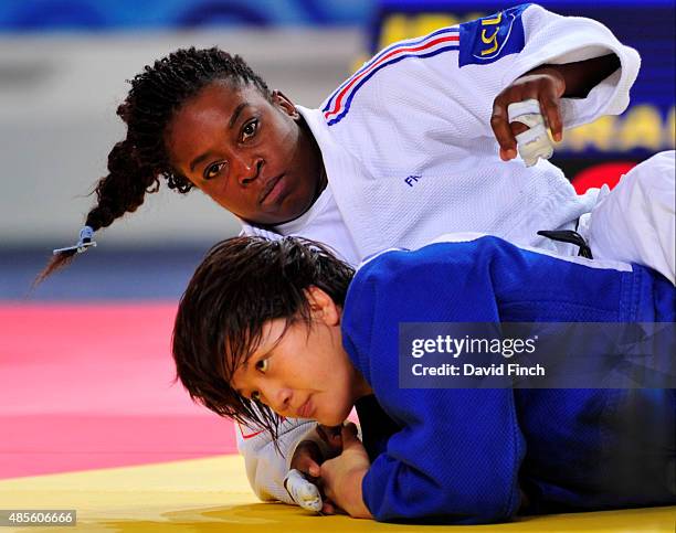 Gevrise Emane of France defeated Chizuru Arai of Japan by a penalty to reach the final and the u70kg gold medal during the 2015 Astana World Judo...