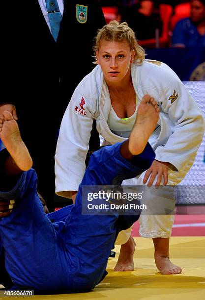 Olympic and World champion, Kyla Harrison of the USA , defeated Miria Nolberto Labriel of Guatemala but then lost her second contest to be eliminated...