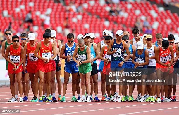 Lin Zhang of China, Wei Yu of China, Robert Heffernan of Ireland, Andres Chocho of Ecuador and Hirooki Arai of Japan prepare to start the Men's 50km...