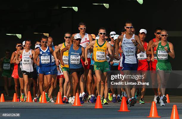 Andres Chocho of Ecuador, Jared Tallent of Australia, Matej Toth of Slovakia and Robert Heffernan of Ireland compete in the Men's 50km Race Walk...