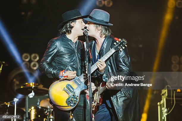 Carl Barat and Pete Doherty of The Libertines performs on the main stage at Leeds Festival at Bramham Park on August 28, 2015 in Leeds, England.