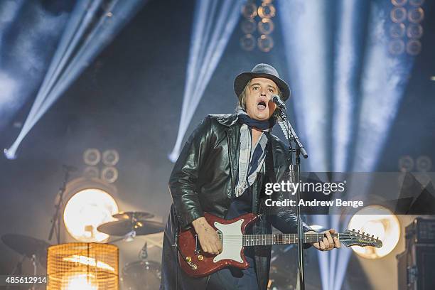 Pete Doherty of The Libertines performs on the main stage at Leeds Festival at Bramham Park on August 28, 2015 in Leeds, England.