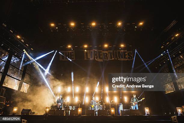 Pete Doherty, Carl Barat, John Hassall and Gary Powell of The Libertines perform on the main stage at Leeds Festival at Bramham Park on August 28,...