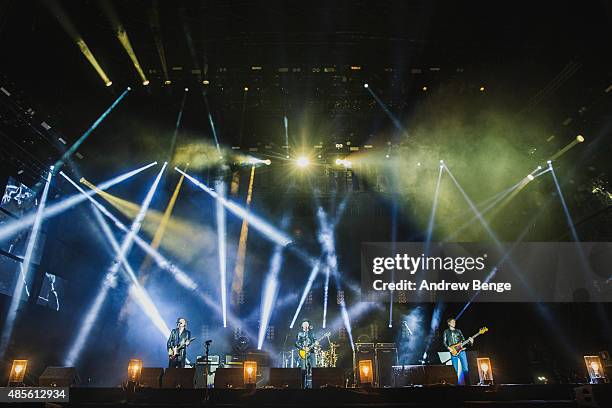 Pete Doherty, Carl Barat, John Hassall and Gary Powell of The Libertines perform on the main stage at Leeds Festival at Bramham Park on August 28,...