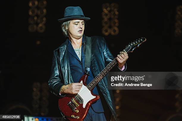 Pete Doherty of The Libertines performs on the main stage at Leeds Festival at Bramham Park on August 28, 2015 in Leeds, England.