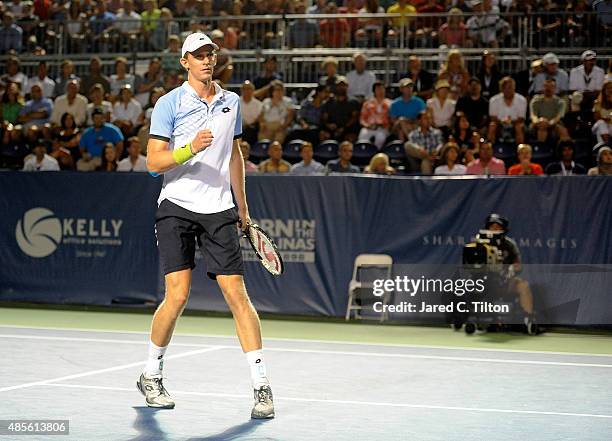 Kevin Anderson of South Africa reacts after a point during his match against Malek Jaziri of Tunisia during the fifth day of the Winston-Salem Open...