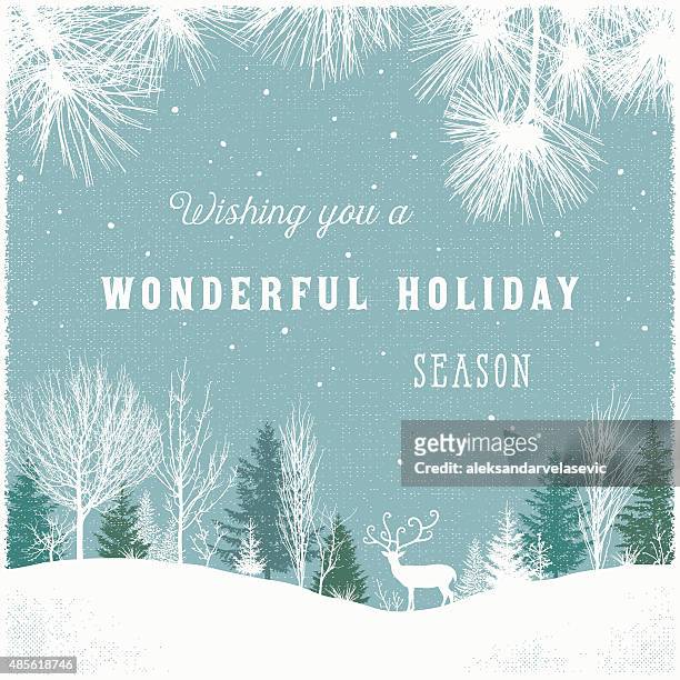 ilustraciones, imágenes clip art, dibujos animados e iconos de stock de fondo de vacaciones de invierno paisaje del bosque y reno - hand drawn christmas card with reindeer