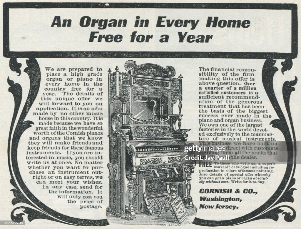 Advertisement for pianos and organs by Cornish and Company,... News