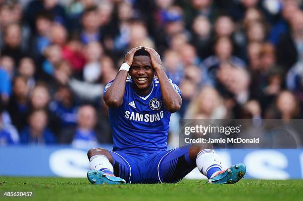 Samuel Eto'o of Chelsea reacts to a missed chance during the Barclays Premier League match between Chelsea and Sunderland at Stamford Bridge on April...