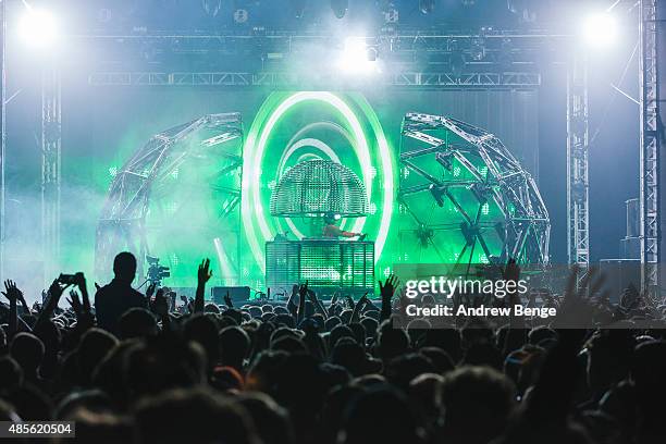 Deadmau5 performs on the NME Radio 1 stage at Leeds Festival at Bramham Park on August 28, 2015 in Leeds, England.