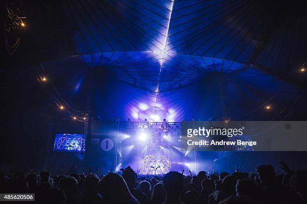 Deadmau5 performs on the NME Radio 1 stage at Leeds Festival at Bramham Park on August 28, 2015 in Leeds, England.