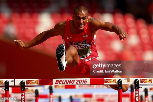 Ashton Eaton of the United States competes in the Men's Decathlon 110 metres hurdles during day eight of the 15th IAAF World Athletics Championships...