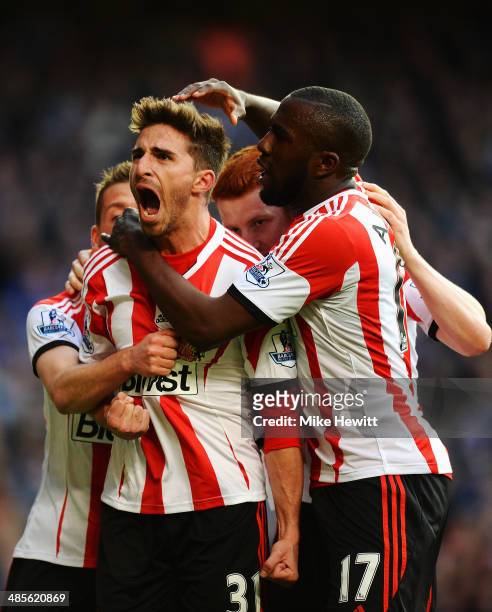Fabio Borini of Sunderland celebrates with team mates after scoring his sides second goal from the penalty spot during the Barclays Premier League...