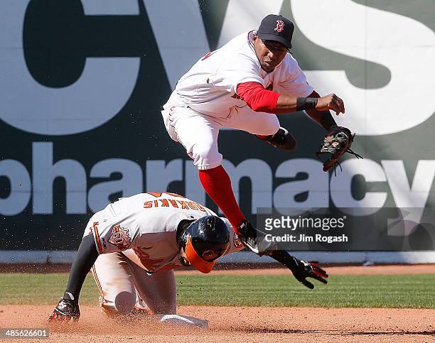 Nick Markakis of the Baltimore Orioles beaks up double play as Jonathan Herrera of the Boston Red Sox makes a late throw to first base in the sixth...
