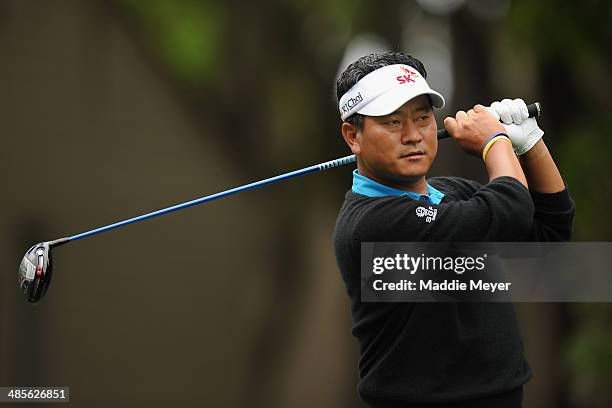 Choi hits a tee shot on the 2nd hole during the third round of the RBC Heritage at Harbour Town Golf Links on April 19, 2014 in Hilton Head Island,...