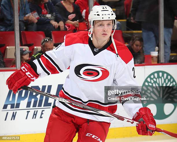 Drayson Bowman of the Carolina Hurricanes skates around before an NHL game against the Detroit Red Wings on April 11, 2014 at Joe Louis Arena in...