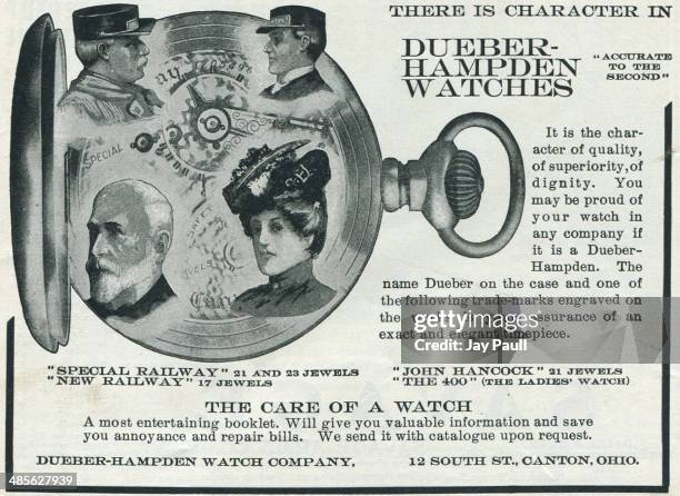 Advertisement for watches by the Dueber Hampden Watch Works, Canton, Ohio, 1902. The John Hancock model is pictured.