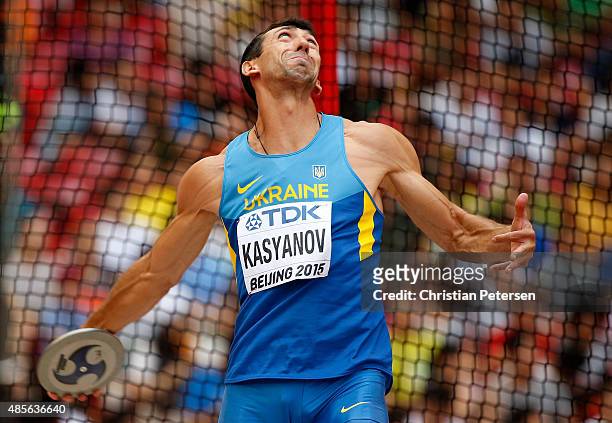 Oleksiy Kasyanov of Ukraine competes in the Men's Decathlon Discus during day eight of the 15th IAAF World Athletics Championships Beijing 2015 at...