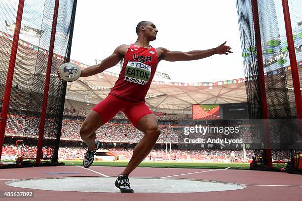 Ashton Eaton of the United States competes in the Men's Decathlon Discus during day eight of the 15th IAAF World Athletics Championships Beijing 2015...