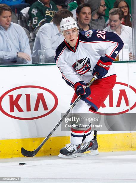 Corey Tropp of the Columbus Blue Jackets handles the puck against the Dallas Stars at the American Airlines Center on April 9, 2014 in Dallas, Texas.