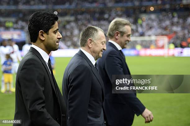 Paris Saint-Germain's Qatari president Nasser al-Kahlaifi , Lyon's president Jean-Michel Aulas and French Ligue de Football Professionnel President...