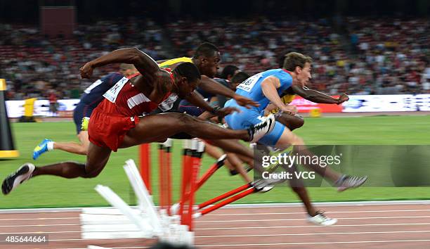 Sergey Shubenkov of Russia crosses the finish line to win the men's 110m hurdles final during day seven of the 15th IAAF World Athletics...