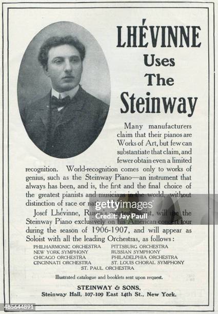 Advertisement for Steinway pianos by Steinway and Sons, New York, 1906. The ad notes that Russian pianist Josef Lhevinne will use the Steinway on his...