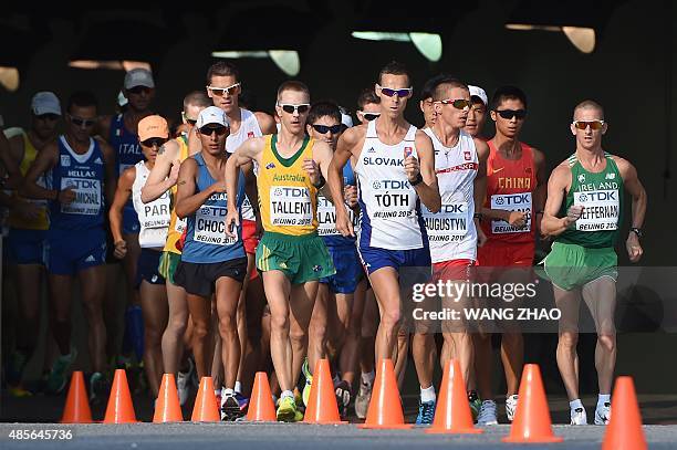 Ecuador's Andres Chocho, Australia's Jared Tallent, Slovakia's Matej Tóth, Poland's Rafal Augustyn and Ireland's Robert Heffernan compete in the...