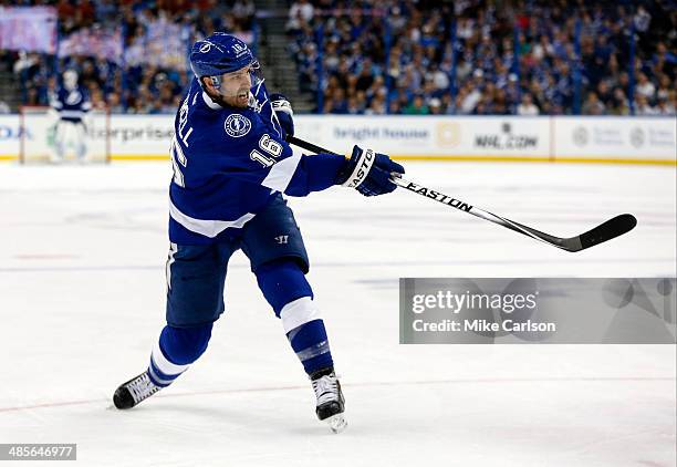 Teddy Purcell of the Tampa Bay Lightning against the Montreal Canadiens in Game One of the First Round of the 2014 Stanley Cup Playoffs at the Tampa...