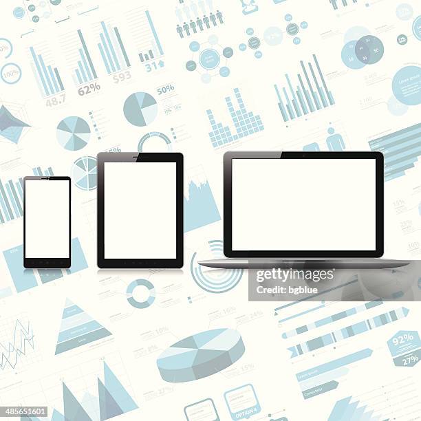 mobile phone, tablet pc, laptop on infographic background. - computer blank screen stock illustrations