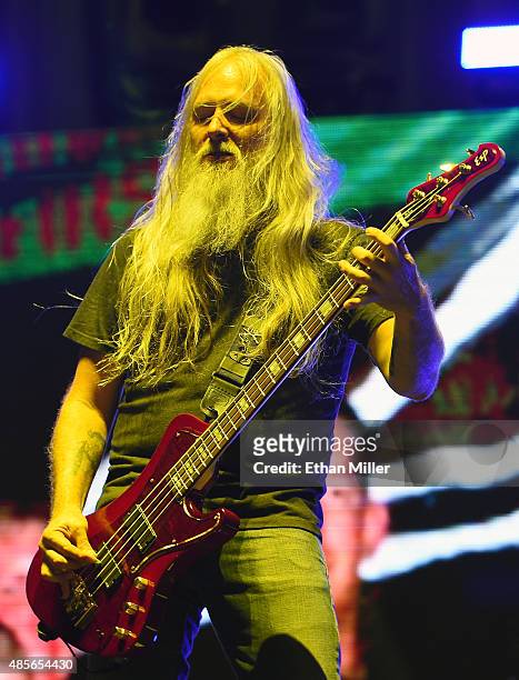 Bassist John Campbell of Lamb of God performs at the Las Vegas Village on August 28, 2015 in Las Vegas, Nevada.