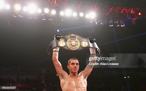 Scott Quigg celebrates victory over Tshifhiwa Munyai after the WBA World Super Bantamweight Title fight between Scott Quigg and Tshifhiwa Munyai at...