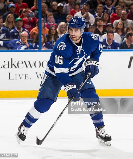 Teddy Purcell of the Tampa Bay Lightning skates against the Montreal Canadiens in Game One of the First Round of the 2014 Stanley Cup Playoffs at the...