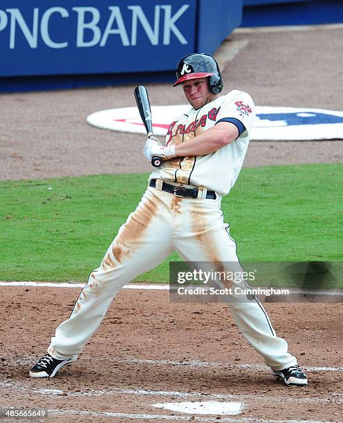 Tyler Pastornicky of the Atlanta Braves backs away from an inside pitch against the Washington Nationals at Turner Field on April 13, 2014 in...