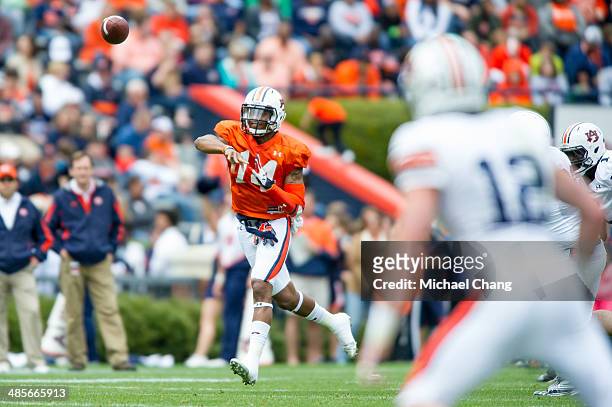 Quarterback Nick Marshall of the Auburn Tigers throws a pass during Auburn's A-Day game on April 19, 2014 at Jordan-Hare Stadium in Auburn, Alabama....