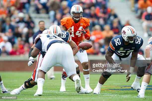 Quarterback Nick Marshall of the Auburn Tigers takes the snap during Auburn's A-Day game on April 19, 2014 at Jordan-Hare Stadium in Auburn, Alabama....
