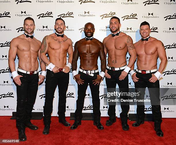 James Davis, Mikey Perez, Tyson Beckford, Matt Marshall and Nathan Minor pose for photos on Tyson Beckford's opening night with Chippendales at Rio...