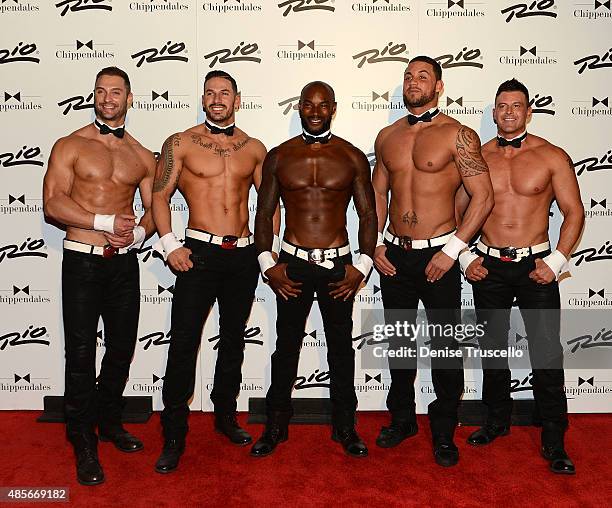 James Davis, Mikey Perez, Tyson Beckford, Matt Marshall and Nathan Minor pose for photos on Tyson Beckford's opening night with Chippendales at Rio...