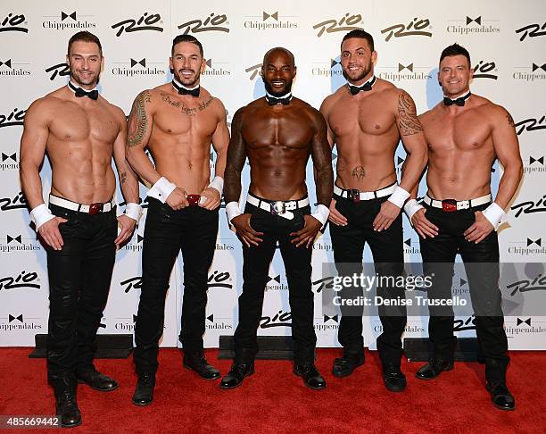 James Davis, Mikey Perez, Tyson Beckford, Matt Marshall and Nathan Minor pose for photos on Tyson Beckford's opening night with Chippendales at Rio...